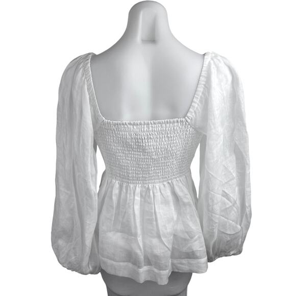 NEW Banana Republic White Balloon Sleeve Deep V-Neck Smocked Peplum Blouse Top M - Picture 2 of 4